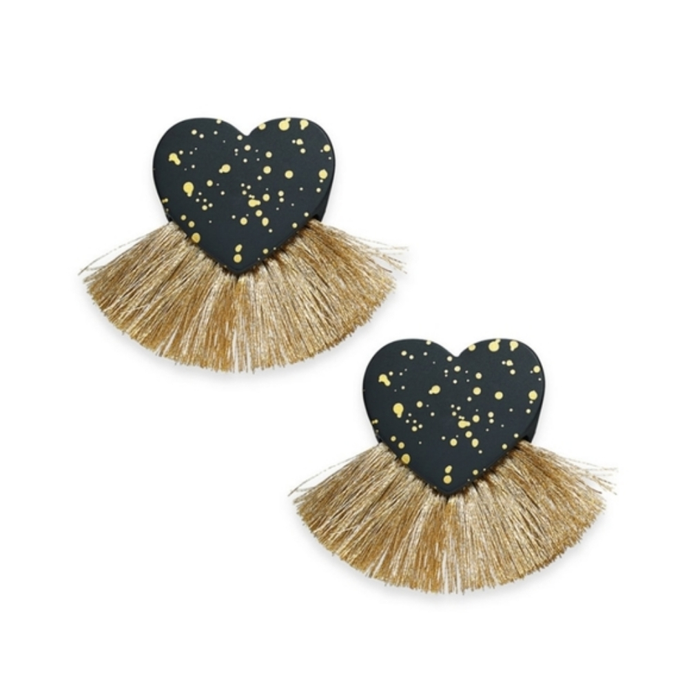 INC heart fringe statement earrings, gold/ black